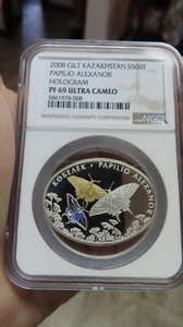 Kazakhstan Butterfly Hologram NGC PF69 24kt Gold Plate Gilt Gilded .925 Silver - Picture 1 of 11