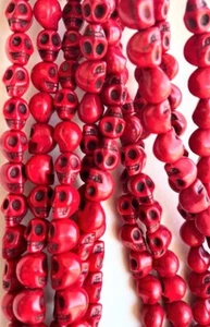 BEADS  SUGAR SKULL SKELETON 8x10mm SYNTHETIC HOWLITE RED DYED 16" STRAND - Picture 1 of 1
