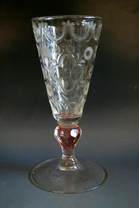 ANTIQUE 18TH CENTURY BOHEMIAN GLASS WITH ENGRAVED BOWL AND COLOR TWIST STEM - Picture 1 of 4