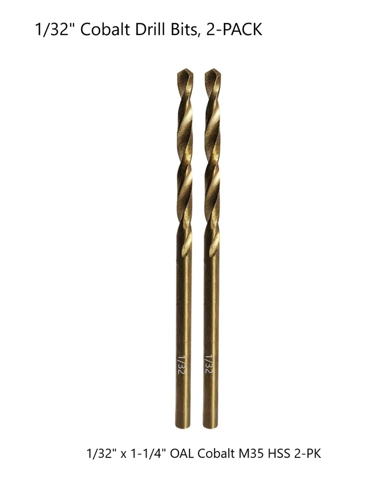 LU&MN 1/32" Drill Bits - 2-PK - M35 Cobalt HSS Steel - High-Quality - Ships Free!