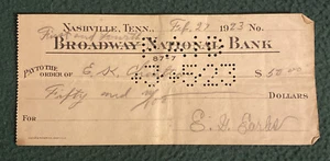 Cheque de colección 1923 ~ primer y cuarto banco (nacional de Broadway) ~ Nashville TN - Imagen 1 de 2