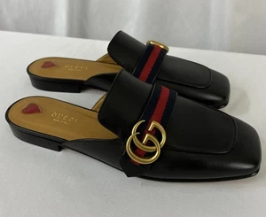 Gucci Black Leather Peyton Web Square Toe Mules, Double GG, Size 40 EU - Picture 1 of 14