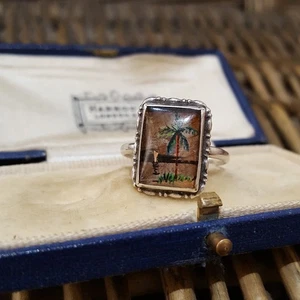 Anello vintage in argento sterling, ala di farfalla, scena tropicale, misura Q US 8, 1930s - Foto 1 di 9