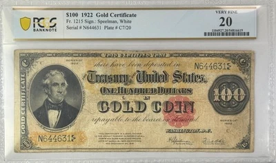 Certificado de oro de $100 de 1922 FR.1215 PCGS VF20 Speelman blanco Foto 1 de 4