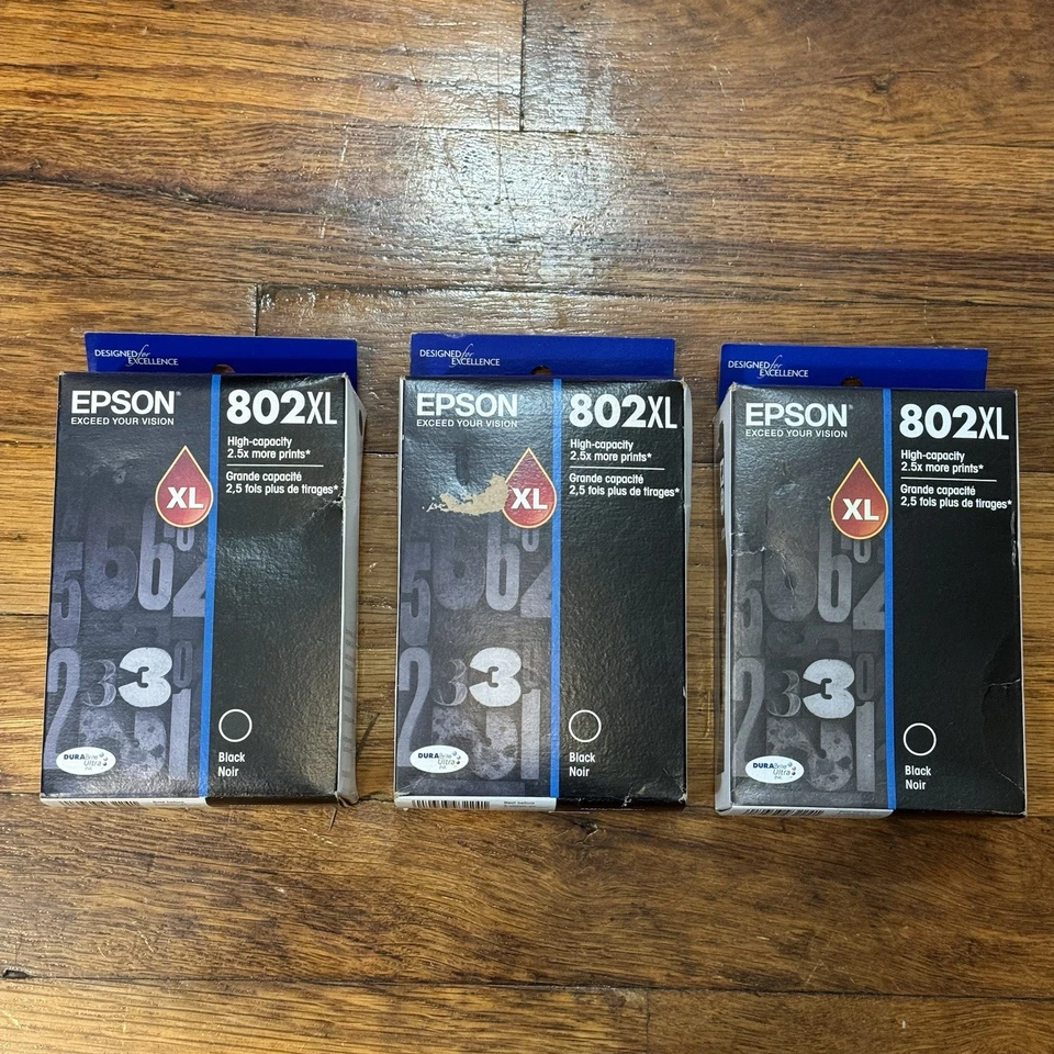 NEW & SEALED Set Of 3 Genuine Epson 802XL Black Ink Cartridges EXP 06/2027 10/22 - Image 1 of 4