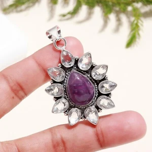 Amethyst, White Topaz Gemstone 925 Sterling Silver Jewelry Pendant For NECKLACE - Picture 1 of 4