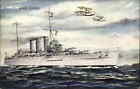British Navy Battleship HMS Sussex & Airplanes Salmon Series Postcard