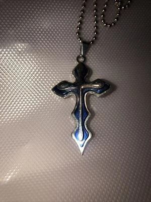 Collana da Uomo Acciaio Argentata  Cromata Blu Croce Vintage Classica - Immagine 1 di 4