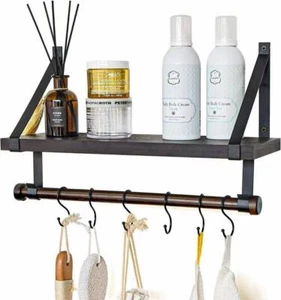 Wall Mounted Bathroom Shelf with Towel Rack and 6 Hooks, Rustic Storage Floating - Picture 1 of 8