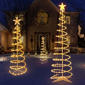 Set of 3 Spiral Outdoor Lighted Christmas Tree, 3/4/6 Feet Christmas Lights with - Picture 1 of 9