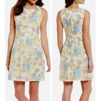 Badgley Mischka Belle Netty Dress M Floral Jacquard Metallic Ivory Gold Holiday - Image 1 of 4