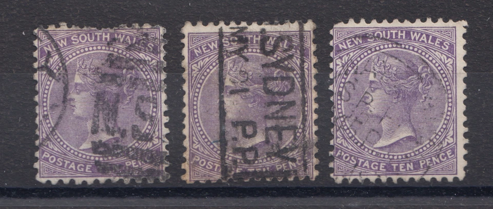 Nueva Gales del Sur Sc 97, 97a, 97c usado. 1897 10p violeta QV definitivos, diff perfs Foto 1 de 1