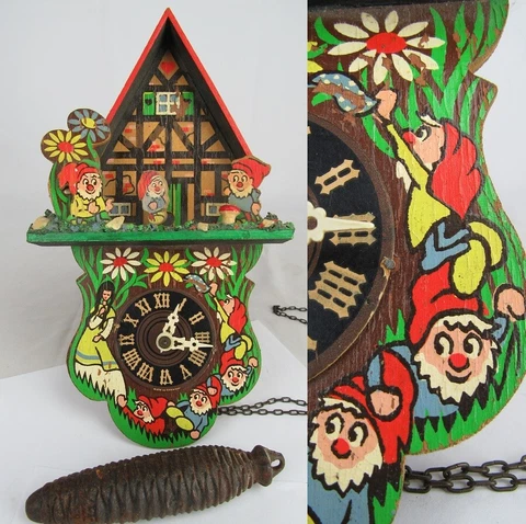 RARE vintage cuckoo clock SNOW WHITE SEVEN DWARVES Germany 1950's ANIMATED Cover
