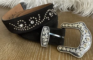 Justin Women’s Black Suede Rhinestone Studded Belt Western Rodeo Sz 38 Large - Picture 1 of 7