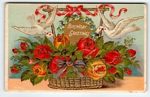 Birthday Greetings Postcard White Doves Birds Basket Of Roses Embossed Vintage - Picture 1 of 2