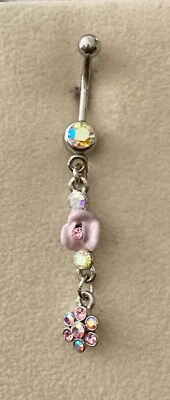 LINDO Esmalte Flores y Cristales Cuelga Ombligo Vientre Anillo - Rosa o Azul Claro Foto 1 de 3