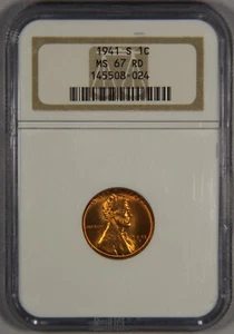 1941-S Lincoln Wheat Cent Penny NGC MS67 RD 1c - Picture 1 of 3