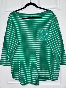 Talbots Plus 2x Kelly grün gestreift 3/4 Ärmel Baumwolle Strick Top Polka Dots Neu ohne Etikett - Bild 1 von 6