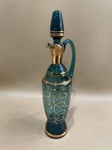 Vintage Bohemian? Glass Blue Gold Handled Decanter With Stopper - Picture 1 of 9