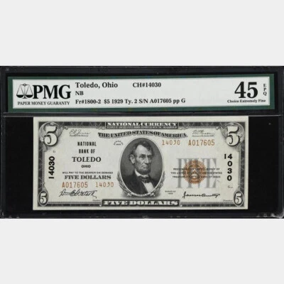 Toledo, OH $5 1929 Type 2 National Note PMG 45EPQ - Image 1 of 2