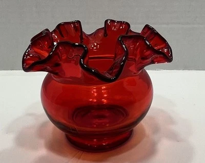 Vintage Fenton Ruby Red Glass Vase Ruffled Edge Marked On Bottom - image 1 of 4