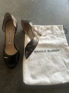 Manolo Blahnik open toed shoes Sandals Black Kid Leather Size 37 Uk 4 & Dust bag - Picture 1 of 12