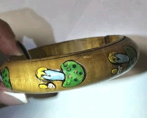 Schöner Armreif Armband bemalt geprägtes Holz Vintage 70er Jahre? Boho Pilz - Bild 1 von 23