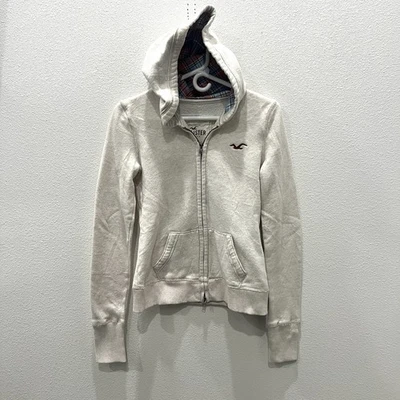 Hollister Mujer Crema Cremallera Completa Sudadera con Capucha Forrada a Cuadros Capucha Y2K Bella L Foto 1 de 4