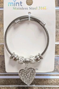 Silver Bracelet Clear Rhinestone Beads Hearts Stainless Adjust Women Jewelry - Bild 1 von 2