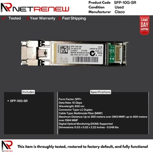 Émetteurs-récepteurs Cisco SFP-10G-SR 10GBASE-SR SFP+ Module - Photo 1/1