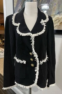 St. John Blazer Cardigan Jacket Boucle Knit Sz 10 Black White Fringe Buttons - Picture 1 of 18