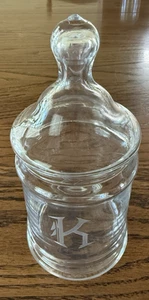 Vtg Clear Glass Apothecary Jar Storage Container w/Lid Etched Monogram Initial K - Picture 1 of 4