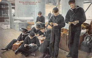 Postcard: Navy Sailors Writing Letters Home, Cruiser Cleveland, Posted 1910 - Picture 1 of 2