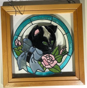 Black Cat w/Roses Faux Stained Glass Window Suncatcher Wood Frame 13" x13" - Picture 1 of 8
