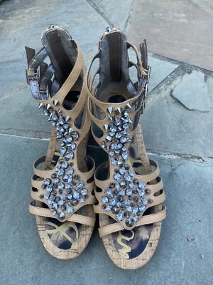SAM EDELMAN Tan Leather Clear Rhinestones/Studs Wedge Heel Sandals size 6 - Image 1 of 4