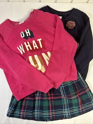 Gymboree Girls Set Lot 3 Piece Plaid Blue Pink Skirt  2 Sweatshirts Sz M L 10-12 - Image 1 of 4