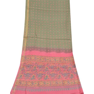 Sanskriti Vintage Largo Dupatta/Estola Algodón Seda Rosa/Verde Estampado a Mano Foto 1 de 4