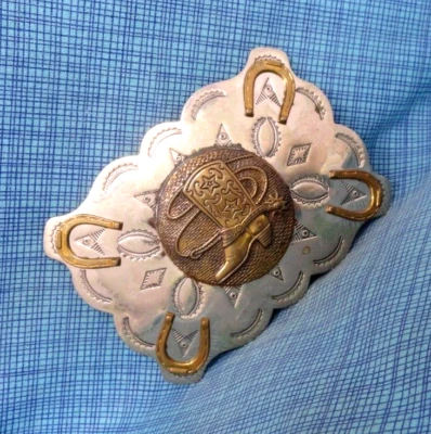 Western Boot Rope Horseshoes Belt Buckle Nickel Silver Vtg Bell Trading  .NOX407 - Image 1 of 4