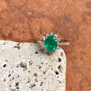 Estate Vintage 14KT White Gold Oval Emerald + Round Diamond Halo Ring - Picture 1 of 11