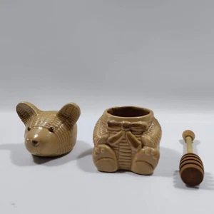 Vintage Interpur Ceramic Bear Honey Jar 3 PC Container w/ Wood Dipper - Picture 1 of 6