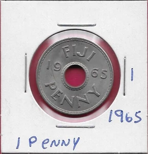 FIJI 1 PENNY 1965 XF LEGEND AND CROWN AROUND A LARGE CENTRAL HOLE,QUEEN ELIZABET - Picture 1 of 2