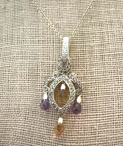 EFFY 14K Amethyst & Citrine Briolette Diamond PENDANT on GP Chain CLEMSON Tigers - Picture 1 of 6