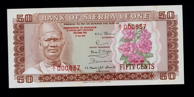 SIERRA LEONE  50  CENTS  1980 COMMEMORATIVE ISSUE   PICK # 9  UNC LESS. - Image 1 of 2