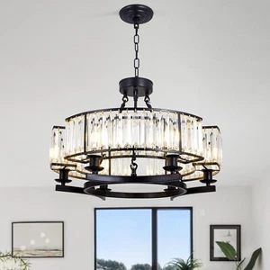 Antique Black Round Crystal Chandelier Modern 6-Light Pendant Ceiling Lamps - Picture 1 of 19