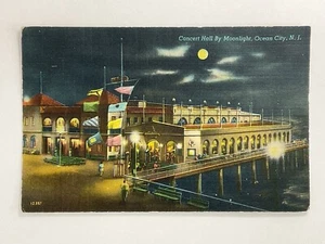 1940s Ocean City, New Jersey Music Hall at Night, Pier Concert NJ Linen Postcard - Picture 1 of 2