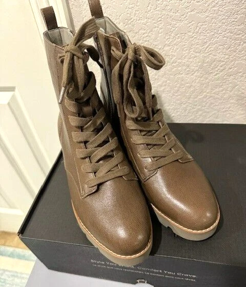 Vionic Lani Ankle Boots Greige Leather Combat Zip Lug Sole Women's 7 M