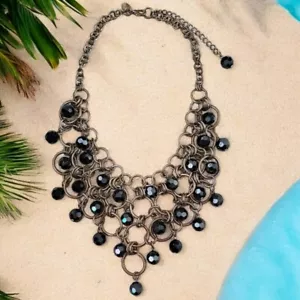 Cookie Lee Bib Necklace Silver Tone Chains with Indigo Blue Crystal Beads - Picture 1 of 7