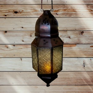 Glass and Metal Moroccan-Style Lantern Lamp Tealight Candle Holder -Distressed - Picture 1 of 4