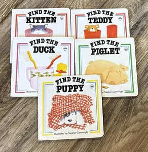 Set Of 5 Vintage 1993 Usborne Find It Board Books Pig Duck Puppy Kitten Teddy - Picture 1 of 2