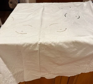 Vintage runde Tischdecke LEINEN BAUMWOLLE bestickt 64" rund WEISS SEHR SCHÖN - Bild 1 von 4